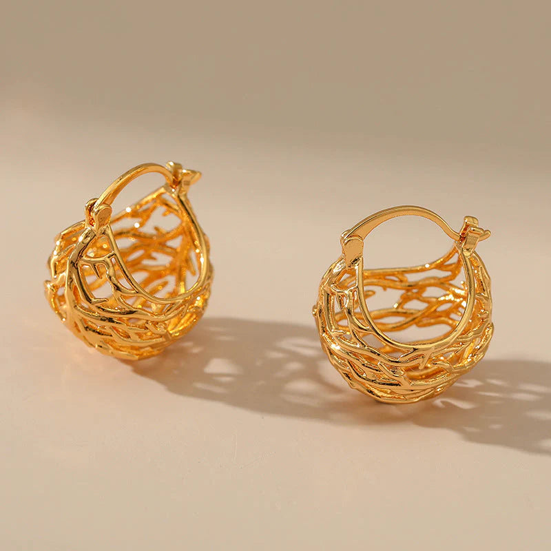 Unique Gold-Plated Openwork Hoop Earrings- Bird Nest Earrings