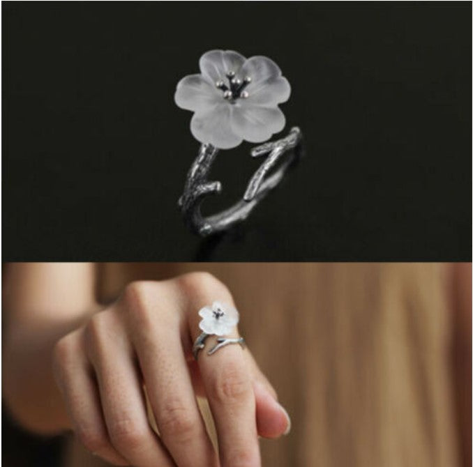 White Cherry Blossom Silver Ring